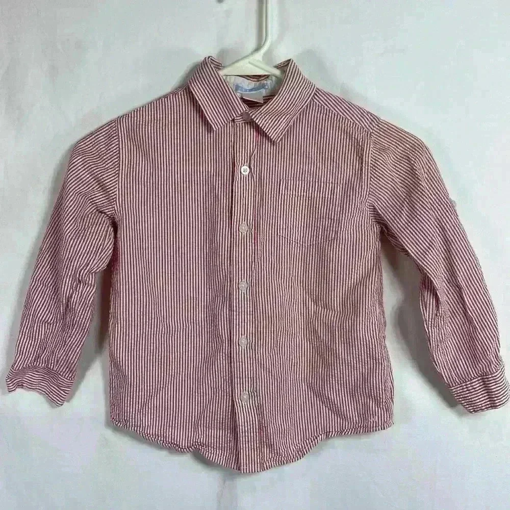 Janie and Jack Red & White Striped Seersucker Kids Long Sleeve Shirt Top, Size 5